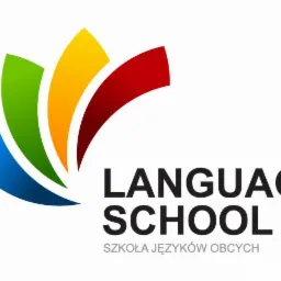 Logo szkoły językowej z abstrakcyjnym motywem roślinnym w kolorach niebieskim, zielonym, żółtym i czerwonym.