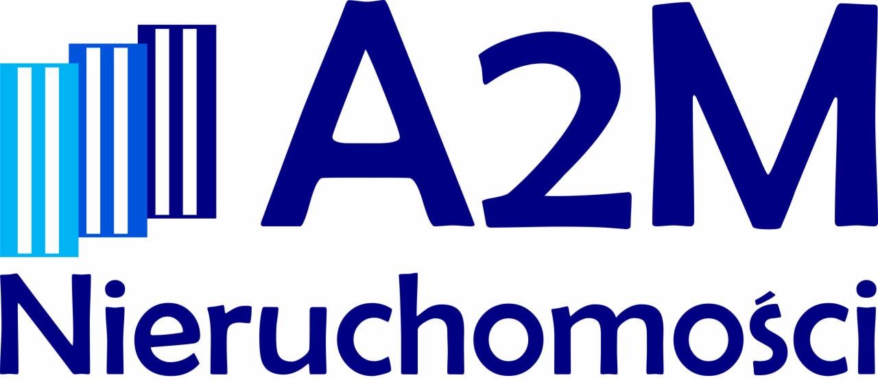 Logo firmy A2M Nieruchomości z trzema pionowymi, niebieskimi prostokątami o różnej jasności po lewej stronie.