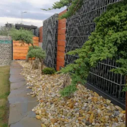 Gabionowe ogrodzenie z drewnianymi panelami, ozdobne kamienie i bonsai w ogrodzie. Nowoczesna aranżacja przestrzeni z wykorzystaniem naturalnych materiałów.