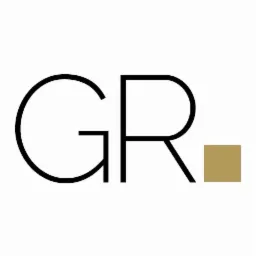 Minimalistyczne logo 'GR' z geometrycznym fontem i złotym kwadratem po prawej stronie, na białym tle.