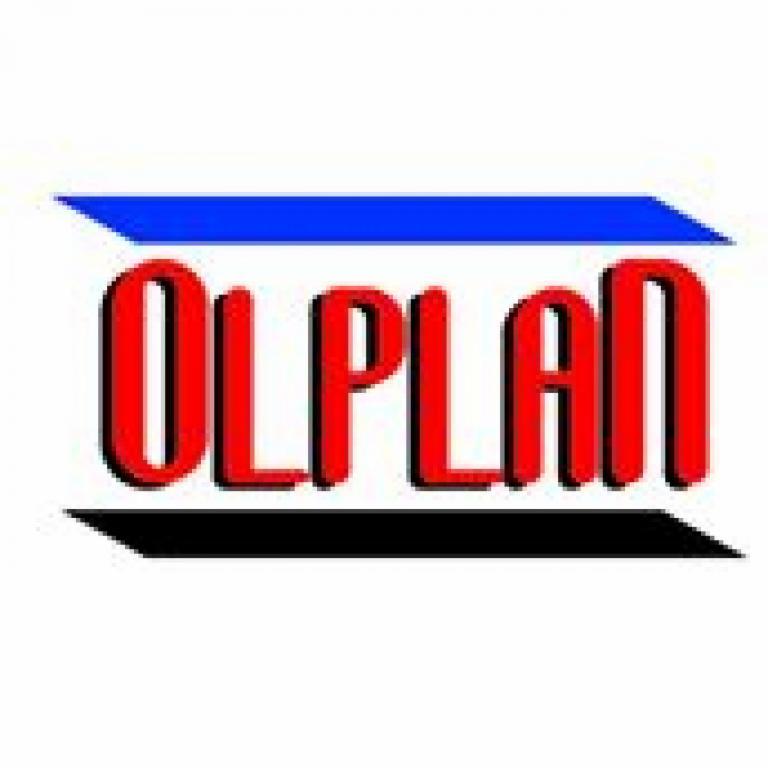 Czerwony napis OLPAN z niebieskim i czarnym paskiem nad i pod nim na białym tle.