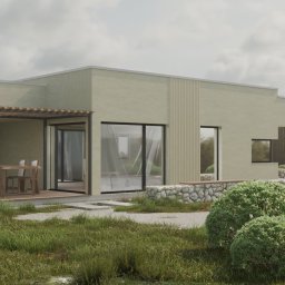 Peak-House Łukasz Stanisławski - Wizualizacja domu modułowego z tarasem i pergolą. Ogród z krzewami i trawą. Nowoczesna architektura, spokojna kolorystyka, minimalistyczny design.