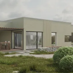 Wizualizacja domu modułowego z tarasem i pergolą. Ogród z krzewami i trawą. Nowoczesna architektura, spokojna kolorystyka, minimalistyczny design.