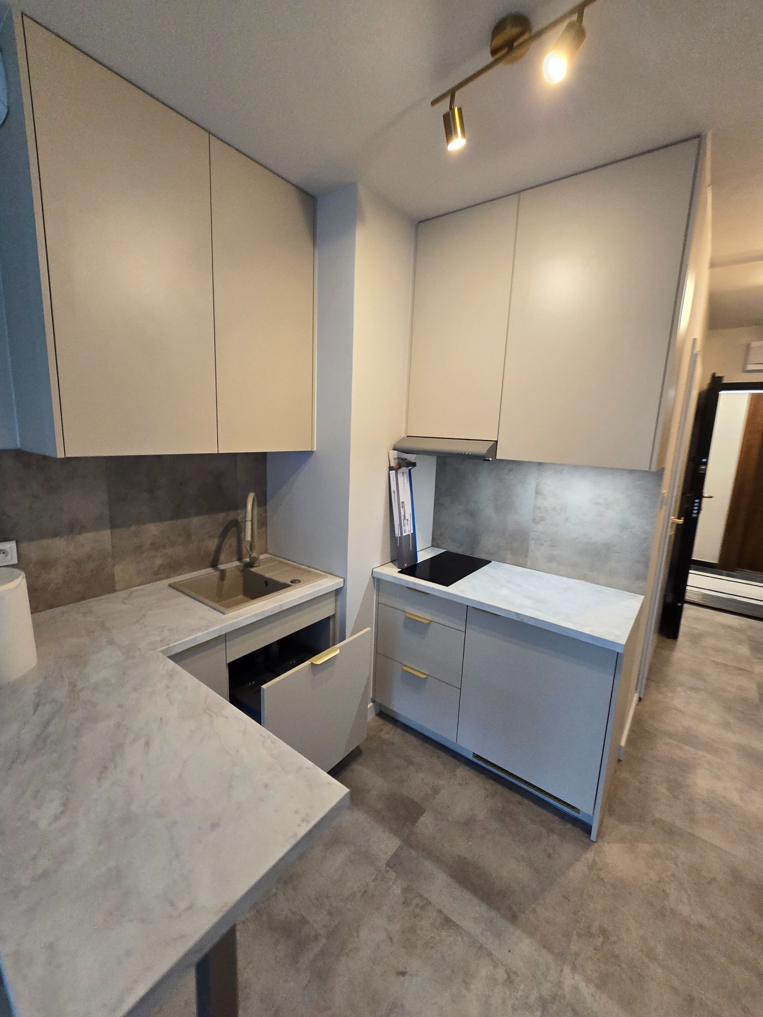 Jasna, nowoczesna kuchnia z szarymi szafkami, marmurowym blatem i złotymi akcentami. Widoczny zlew, płyta indukcyjna i oświetlenie punktowe. Uwagę przyciąga otwarta szafka pod zlewem.