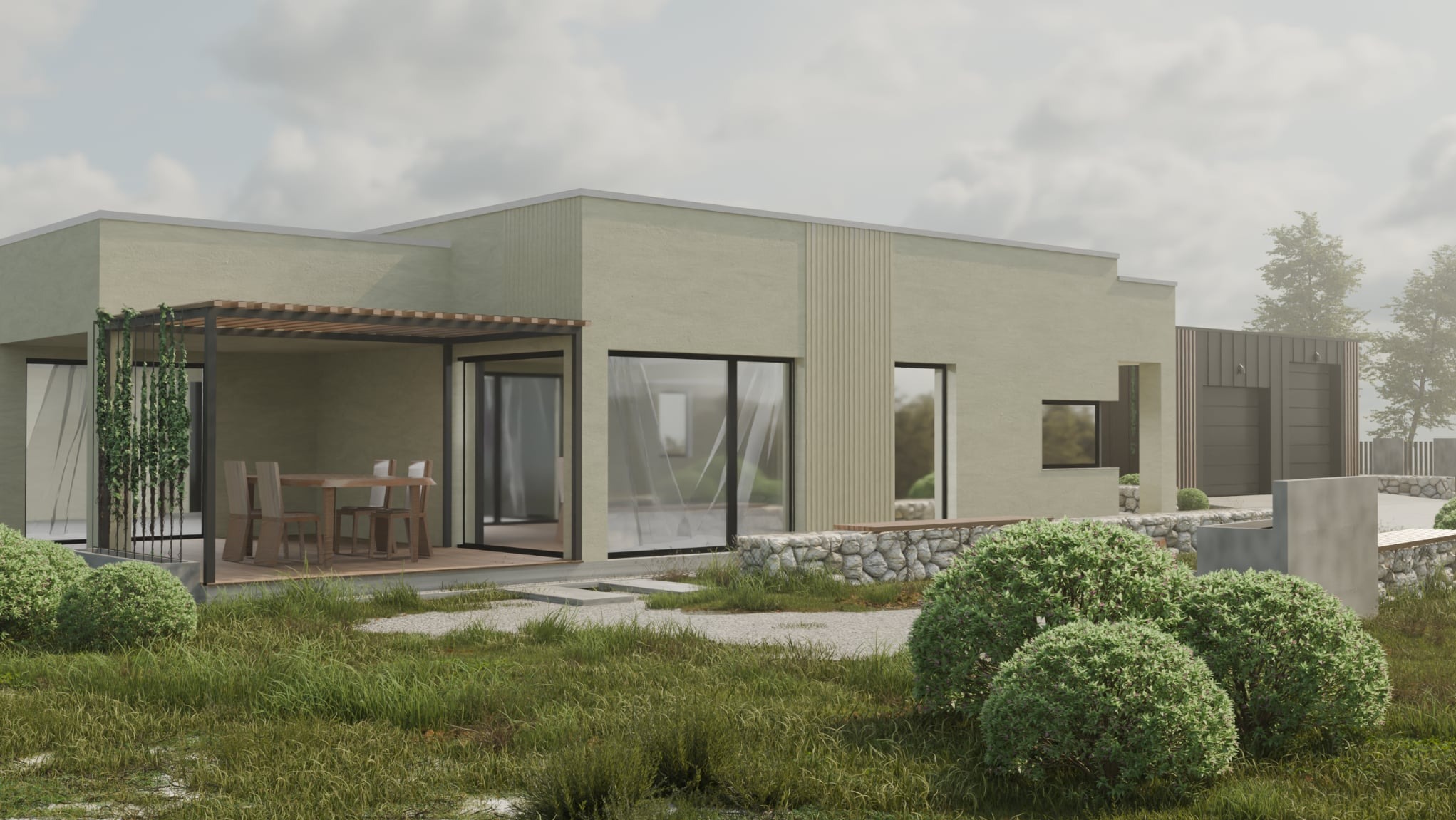 Wizualizacja domu modułowego z tarasem i pergolą. Ogród z krzewami i trawą. Nowoczesna architektura, spokojna kolorystyka, minimalistyczny design.