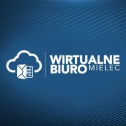 Logo wirtualnego biura Mielec: biała chmura z symbolem listu i dokumentów, obok napis 'WIRTUALNE BIURO' z dopiskiem 'MIELEC' na ciemnoniebieskim tle z subtelnym wzorem.