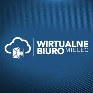 Logo wirtualnego biura Mielec: biała chmura z symbolem listu i dokumentów, obok napis 'WIRTUALNE BIURO' z dopiskiem 'MIELEC' na ciemnoniebieskim tle z subtelnym wzorem.