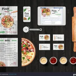 Makieta reklamowa pizzerii z menu, wizytówkami, stroną na tablecie i telefonie, deska do ciasta i sosy na ciemnym drewnianym tle.