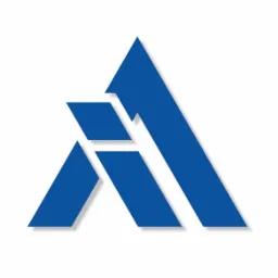 Niebieski, geometryczny logotyp z elementami strzałek skierowanych ku górze, na białym tle z delikatnym cieniem.