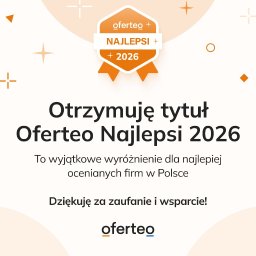 Agencja Innowacji sp. z o.o. - Grafika z logotypem Oferteo Najlepsi 2026. Informacja o otrzymaniu tytułu dla najlepiej ocenianych firm w Polsce. Podziękowanie za zaufanie i wsparcie.