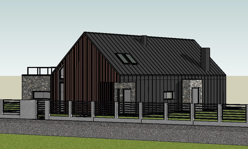 Wizualizacja domu z dachem z blachy na rąbek, drewnianą elewacją i fragmentami wykończonymi kamieniem, otoczonego metalowym ogrodzeniem.