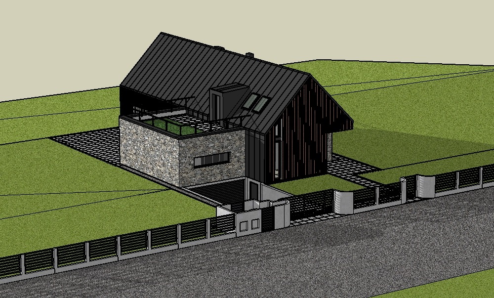 Wizualizacja projektu domu z dachem dwuspadowym, elewacją z kamienia i drewna, balkonem na płaskim dachu i ogrodzeniem panelowym.