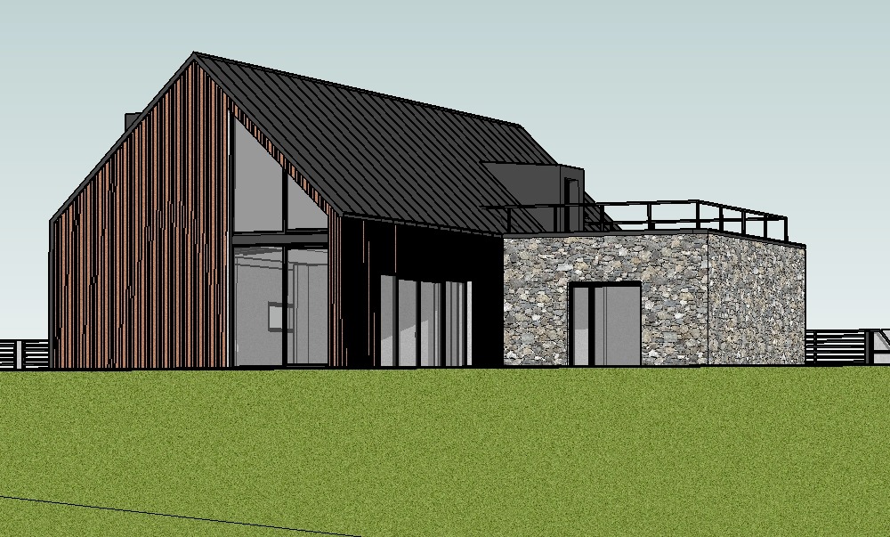Wizualizacja nowoczesnego domu z elementami drewna, kamienia i dużymi przeszkleniami, z płaskim dachem i tarasem na dachu.