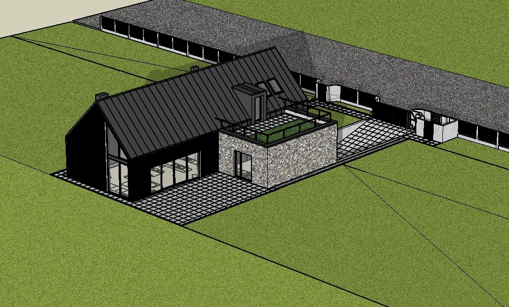 Wizualizacja projektu domu z czarną, skośną bryłą i kamienną dobudówką z zielonym dachem, widok z góry na tle trawnika.