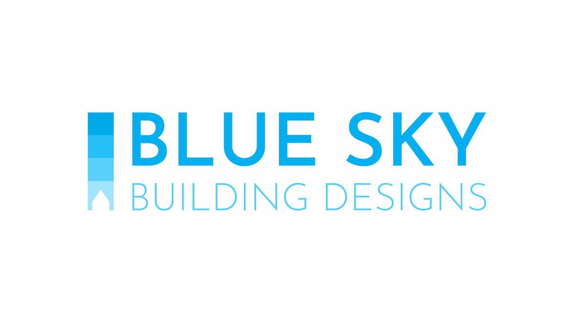 Błękitne logo firmy 'Blue Sky Building Designs' z motywem budynku w pionowym pasku po lewej stronie.