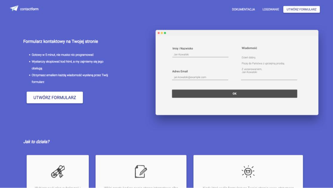 Interfejs formularza kontaktowego na stronie internetowej, z polami do wypełnienia: imię i nazwisko, adres email, wiadomość. Widoczne przyciski 'Utwórz formularz' i 'OK'.