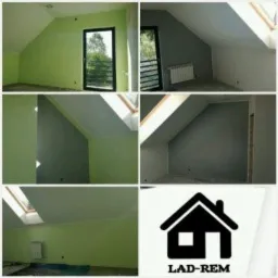 Kolaż zdjęć wnętrz na poddaszu po malowaniu ścian na zielono i szaro, widoczne okna dachowe i grzejniki, w prawym dolnym rogu logo firmy.