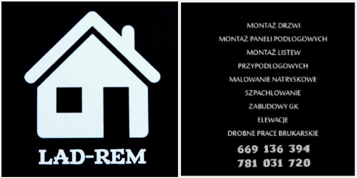 Wizytówka firmy remontowej LAD-REM z białym logo domu i listą usług: montaż drzwi, montaż paneli podłogowych, montaż listew przypodłogowych, malowanie natryskowe, szpachlowanie, zabudowy GK...
