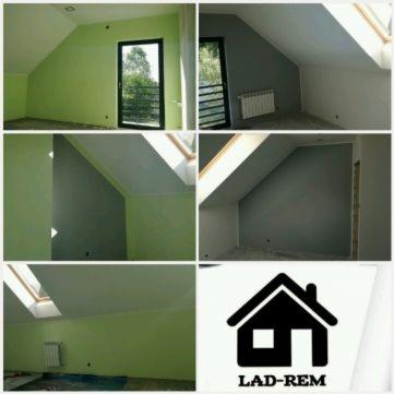 Kolaż zdjęć wnętrz na poddaszu po malowaniu ścian na zielono i szaro, widoczne okna dachowe i grzejniki, w prawym dolnym rogu logo firmy.