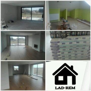 Kolaż zdjęć przedstawiający wnętrza w trakcie remontu: surowy stan z drabina, pomieszczenie z zielonymi ścianami, pokój z częściowo ułożoną podłogą, stos płyt i logo firmy remontowej.