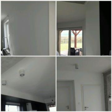 Cztery kadry z wnętrza: Pokój po odświeżeniu ścian na biało, widoczna drabina malarska, okno z widokiem na zewnątrz, sufit z zamontowanymi lampami punktowymi, białe drzwi wewnętrzne.