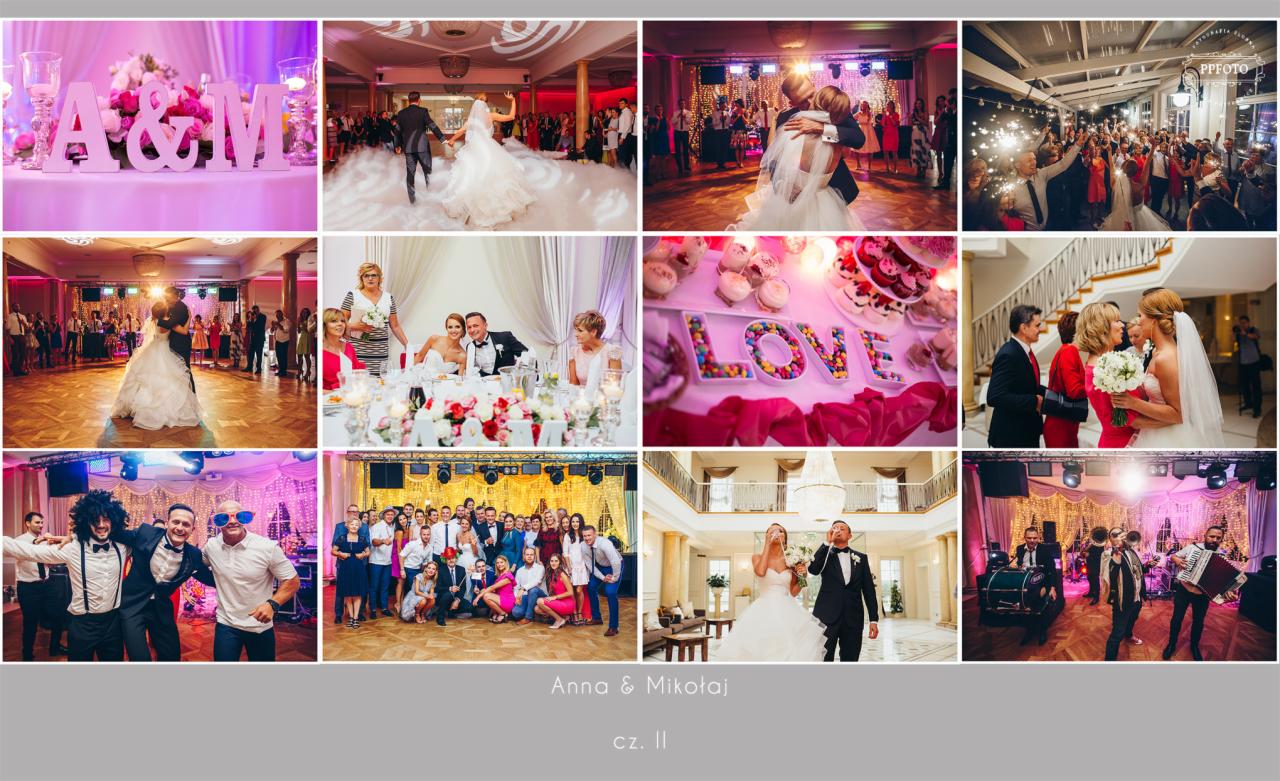 Kolaż z różnych ujęć z uroczystości ślubnej: dekoracje stołu z inicjałami, para tańcząca w dymie, pocałunek pary młodej, goście z fajerwerkami, słodki stół z napisem LOVE, życzenia od gości, zespół...