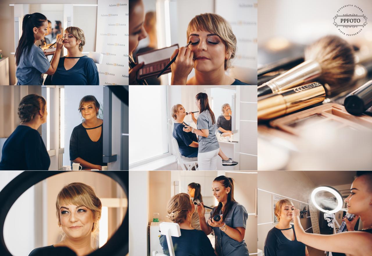 Kolaż zdjęć z przygotowań do sesji: wizażystka nakłada makijaż klientce, widok z lustra, zbliżenie pędzli i kosmetyków Collistar, oświetlenie ringowe.