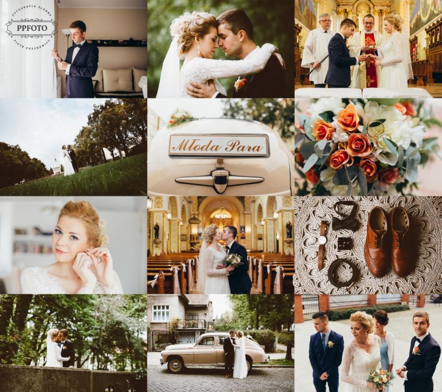 Kolaż zdjęć ślubnych: przygotowania pana młodego, para młoda w objęciach, ceremonia w kościele, bukiet kwiatów, detale stroju pana młodego, pocałunek w kościele, zabytkowy samochód z napisem 'Młoda...