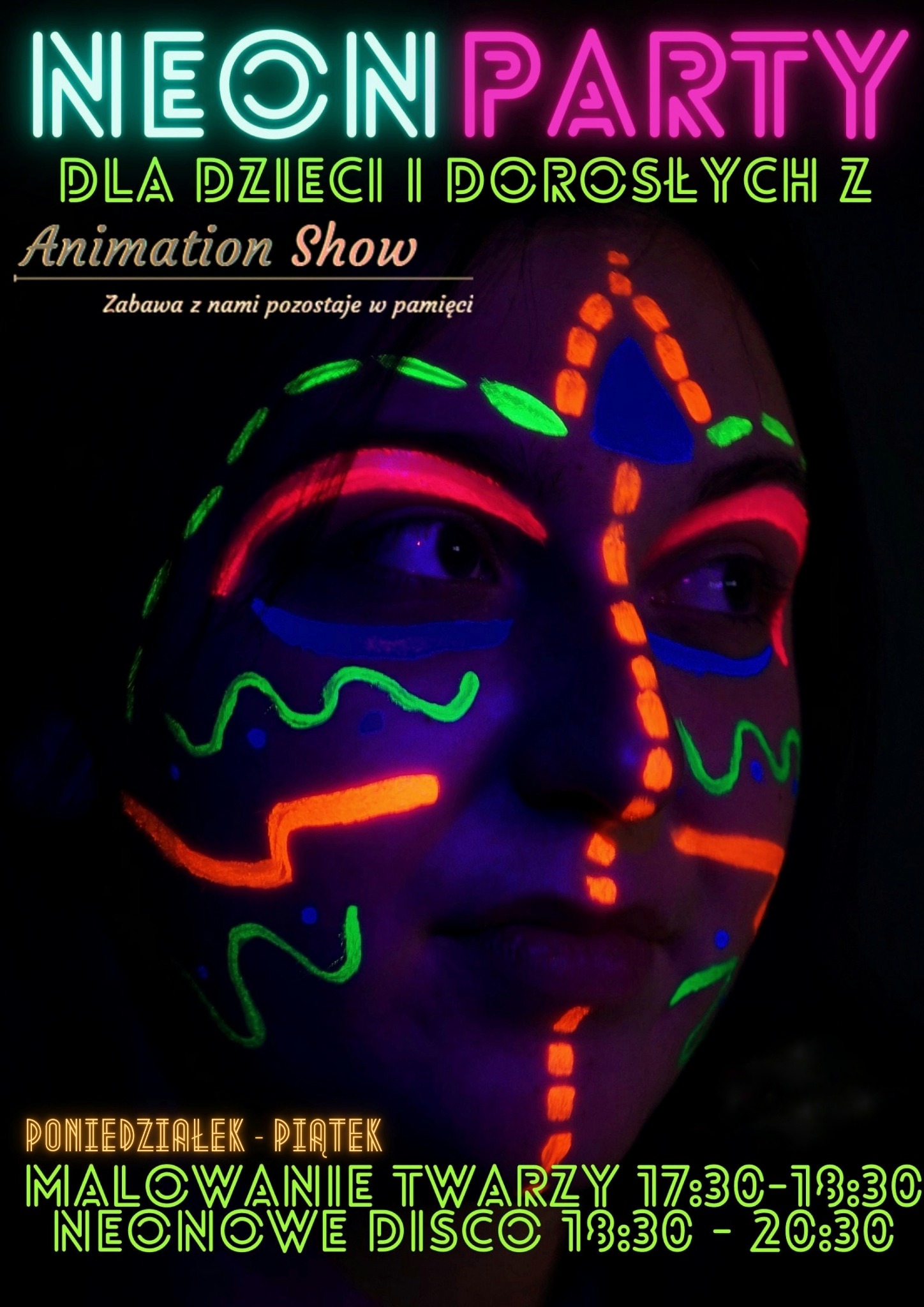 Portret kobiety z twarzą pomalowaną neonowymi farbami w geometryczne wzory, reklama neonowej imprezy z malowaniem twarzy i dyskoteką.