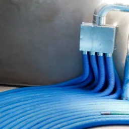 Instalacja rekuperacji z niebieskimi rurami wentylacyjnymi podłączonymi do metalowych skrzynek rozdzielczych na tle surowej ściany.