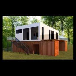 Wizualizacja domu modułowego zbudowanego z kontenerów morskich, z białym piętrem i schodami na taras, otoczonego zielenią.