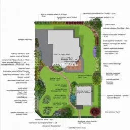 Projekt koncepcyjny ogrodu w Nadarzynie, widok z góry, szczegółowy plan nasadzeń z uwzględnieniem nazw roślin i ich ilości.