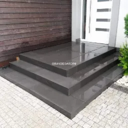 Nowoczesne schody wejściowe z szarych płyt betonowych, prowadzące do białych drzwi z przeszklonymi elementami, obok dekoracyjny krzew i jasna kostka brukowa.