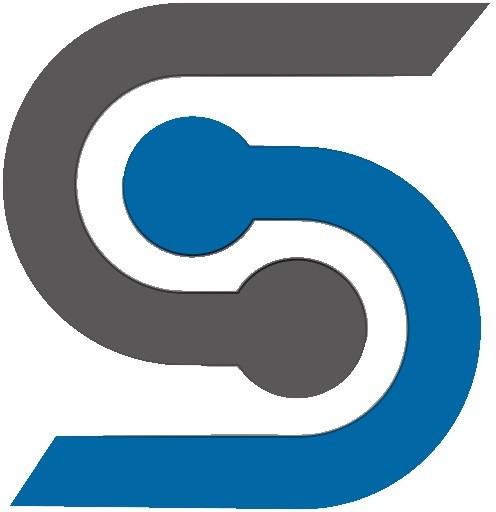 Abstrakcyjne logo w kształcie litery S, w kolorach szarym i niebieskim, z efektem 3D.