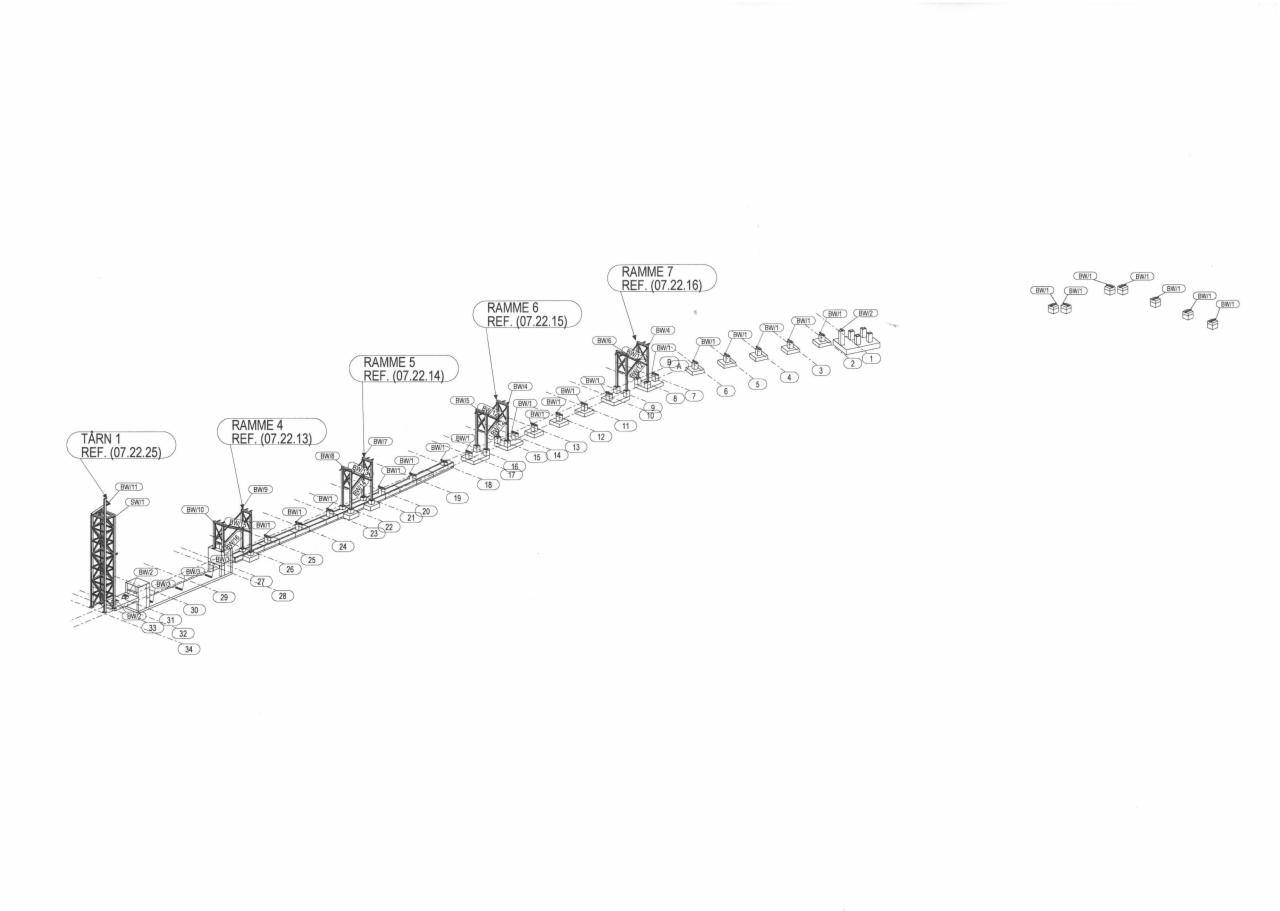 Schemat techniczny konstrukcji stalowej hali z numeracją elementów, widok z góry, białe tło.