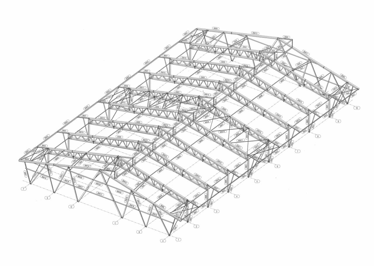 Techniczny rysunek 3D stalowej konstrukcji hali z oznaczeniami elementów, widok z góry pod kątem.