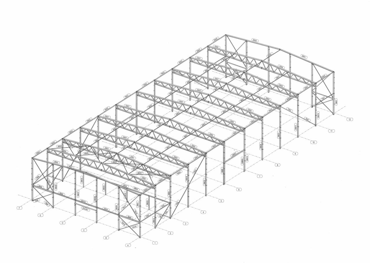 Techniczny rysunek 3D stalowej konstrukcji hali z oznaczeniami elementów, widok izometryczny z góry.