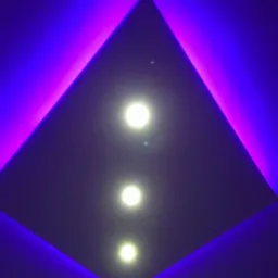 Sufit podwieszany z trójkątnym wgłębieniem oświetlonym fioletowym światłem LED, z trzema punktowymi lampami wewnątrz.