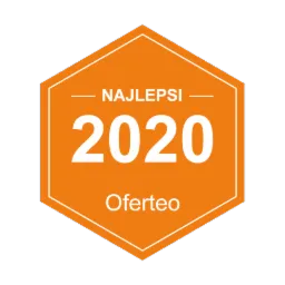 Pomarańczowa odznaka Oferteo 'Najlepsi 2020' w kształcie sześciokąta.