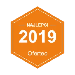 Pomarańczowa odznaka Oferteo 'Najlepsi 2019' w białej obwódce.