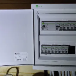 Otwarta skrzynka elektryczna z zainstalowanymi bezpiecznikami NOARK na drewnianej ścianie, widoczna etykieta producenta ELEKTRO-PLAST ELEGANT RN 2x12.