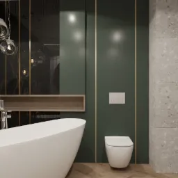 Nowoczesna łazienka z wolnostojącą białą wanną, armaturą w kolorze chromu, toaletą podwieszaną i zielonymi ścianami z akcentami złota oraz dekoracyjnym oświetleniem.