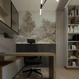 Wizualizacja nowoczesnego biura domowego z biurkiem z drewnianym blatem, czarnym krzesłem obrotowym i tapetą z motywem zimowego lasu. Na ścianie po lewej stronie wiszą półki, a po prawej stronie...