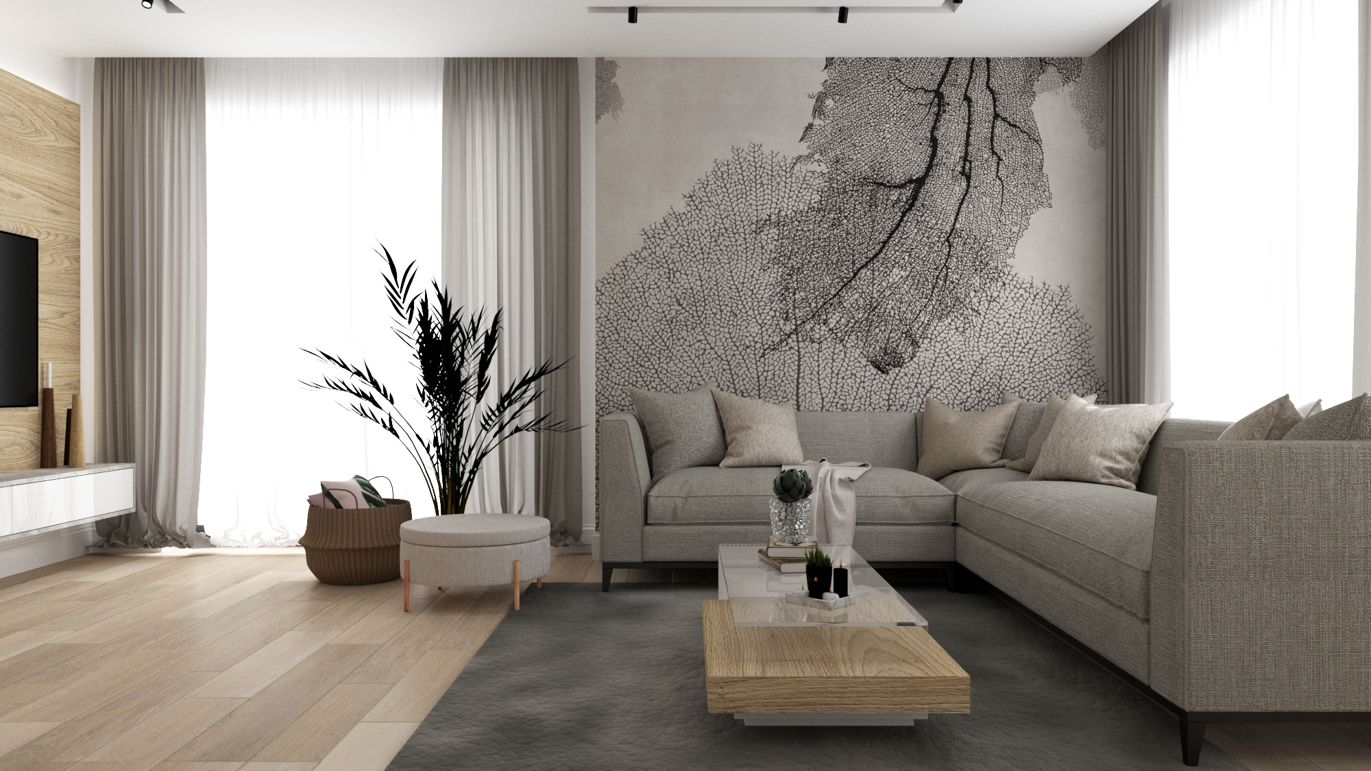 Jasny salon z narożną sofą, wzorzystą tapetą imitującą korale, drewnianą podłogą i stolikiem kawowym z elementami szkła i drewna.