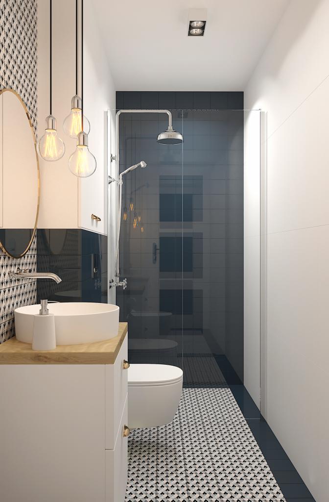 Wąska łazienka z kabiną prysznicową typu walk-in, umywalką nablatową na drewnianym blacie i geometryczną mozaiką podłogową.