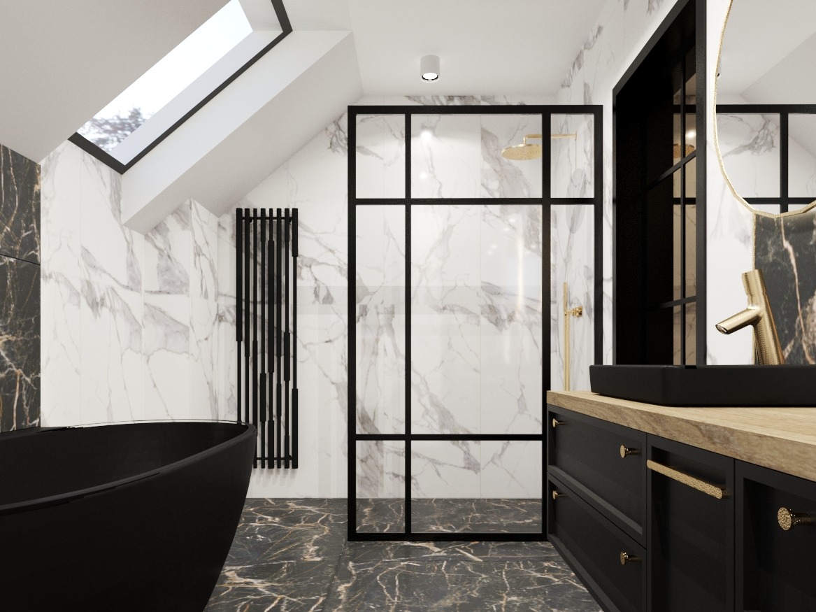 Nowoczesna łazienka na poddaszu z czarną wanną, grzejnikiem drabinkowym, kabiną prysznicową typu walk-in z czarnymi ramami i marmurowymi płytkami na ścianach.