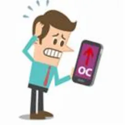 Zmartwiony mężczyzna w koszuli i krawacie spogląda na smartfon z wyświetlonym napisem 'OC' i czerwoną strzałką w górę.