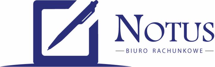 Logo firmy Notus Biuro Rachunkowe: stylizowany długopis w kwadracie, nazwa firmy i dopisek 'Biuro Rachunkowe' w kolorze granatowym.