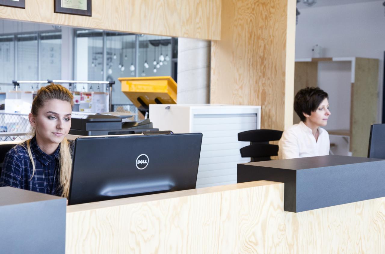 Kobieta w niebieskiej koszuli w kratę pracuje na komputerze Dell przy biurku w nowoczesnym biurze z drewnianymi ścianami, w tle druga kobieta przy biurku.