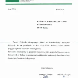 Skan pisma informującego o przyjęciu firmy KMD Law & Finance do Stowarzyszenia Księgowych w Polsce, Oddział Okręgowy w Bielsku-Białej, z podziękowaniem za wsparcie finansowe.